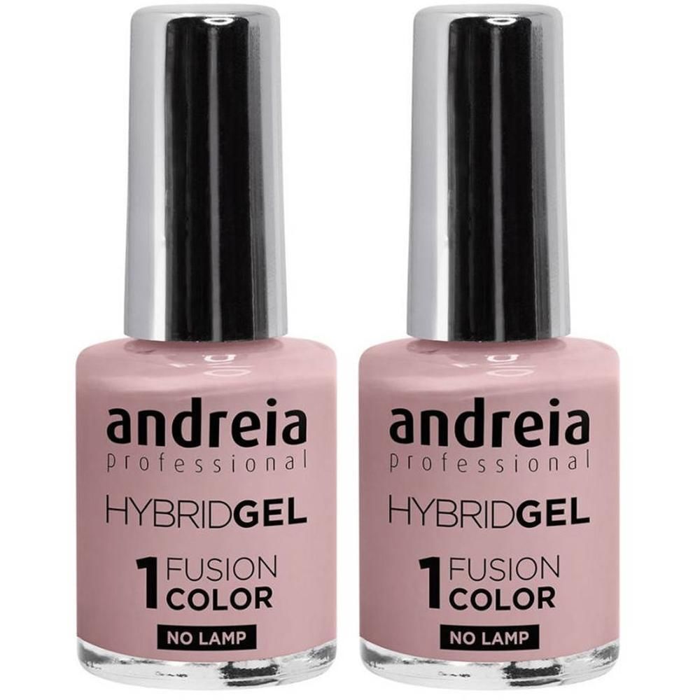 Twee flessen Andreia Professional Hybridgel nagellak in roze. "1 FUSION COLOR NO LAMP" is afgedrukt.