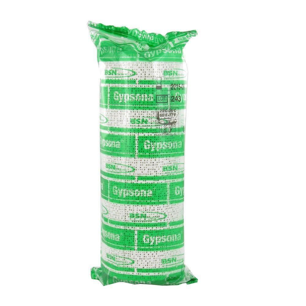 Bande plâtrée Gypsona BP, 15cm x 2.7m, dans un emballage vert.