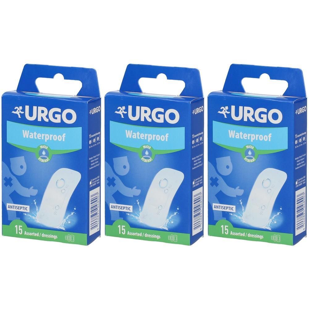 Drie pakken Urgo Waterproof pleisters. Elk pak bevat 15 antiseptische, waterdichte verbanden.