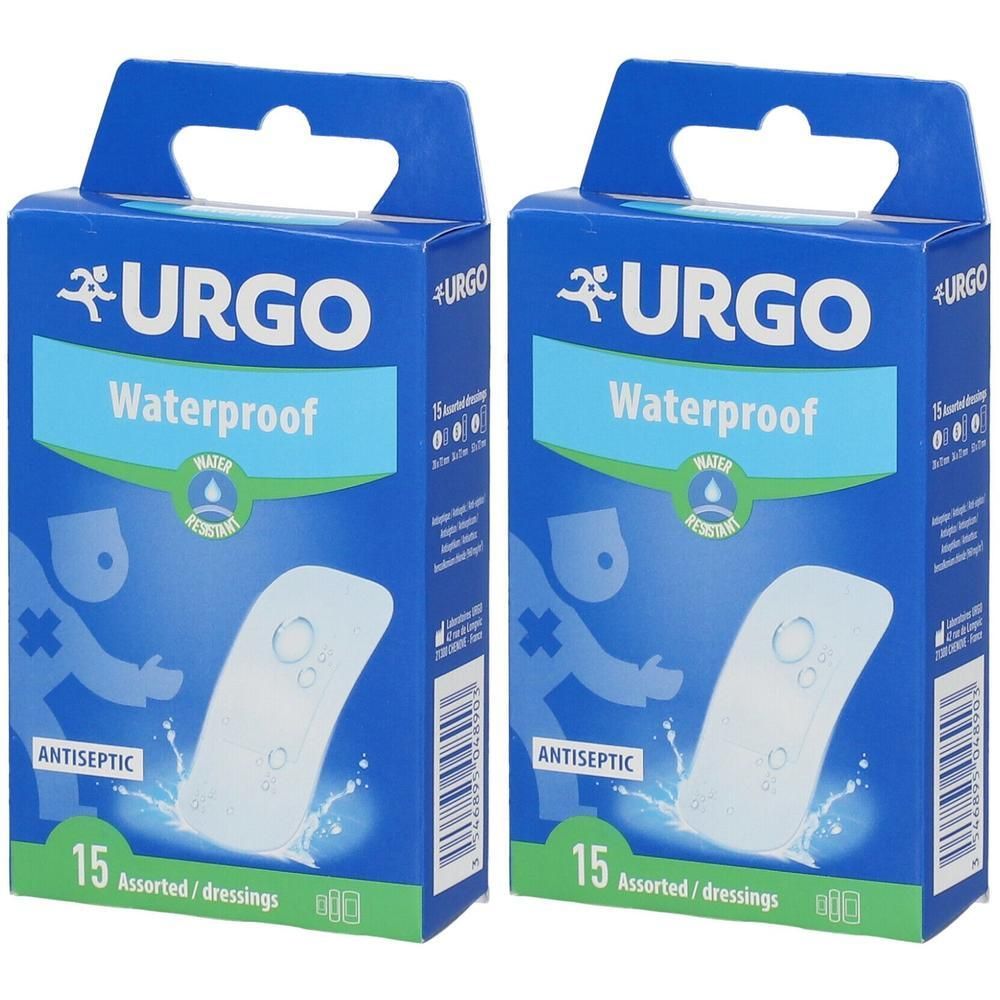Twee pakken Urgo Waterproof pleisters, 15 stuks per pak, waterbestendig en antiseptisch.