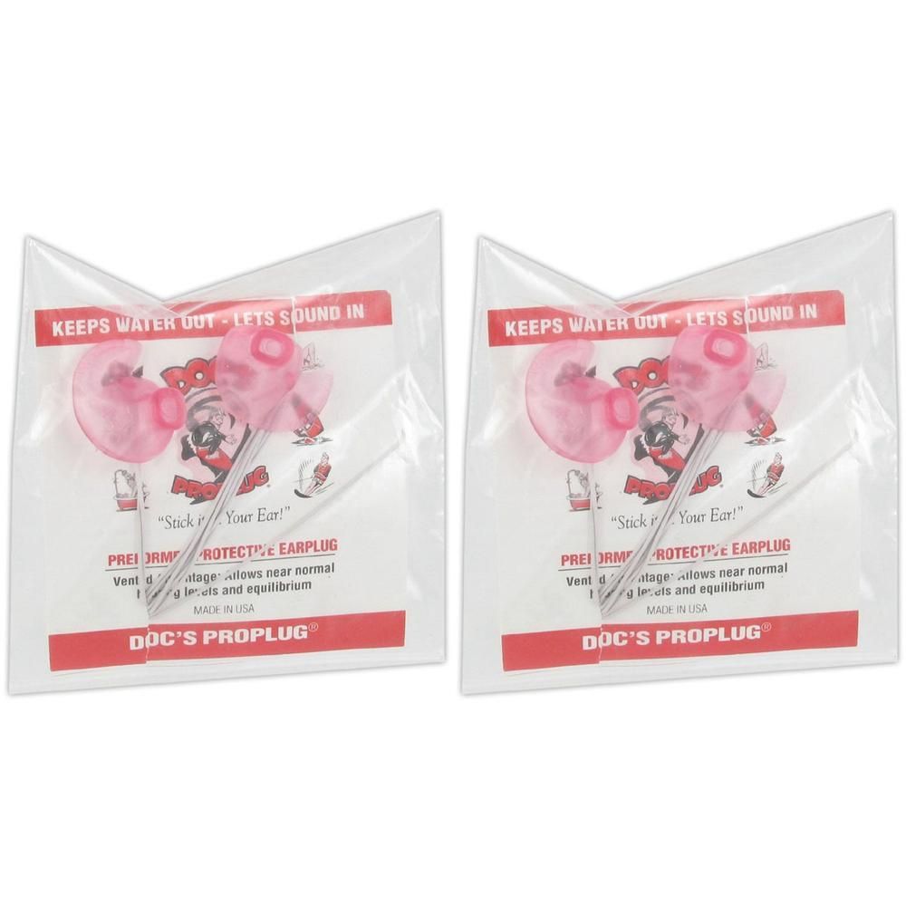 Deux paires de bouchons d'oreilles roses avec cordons, emballés dans des pochettes transparentes.