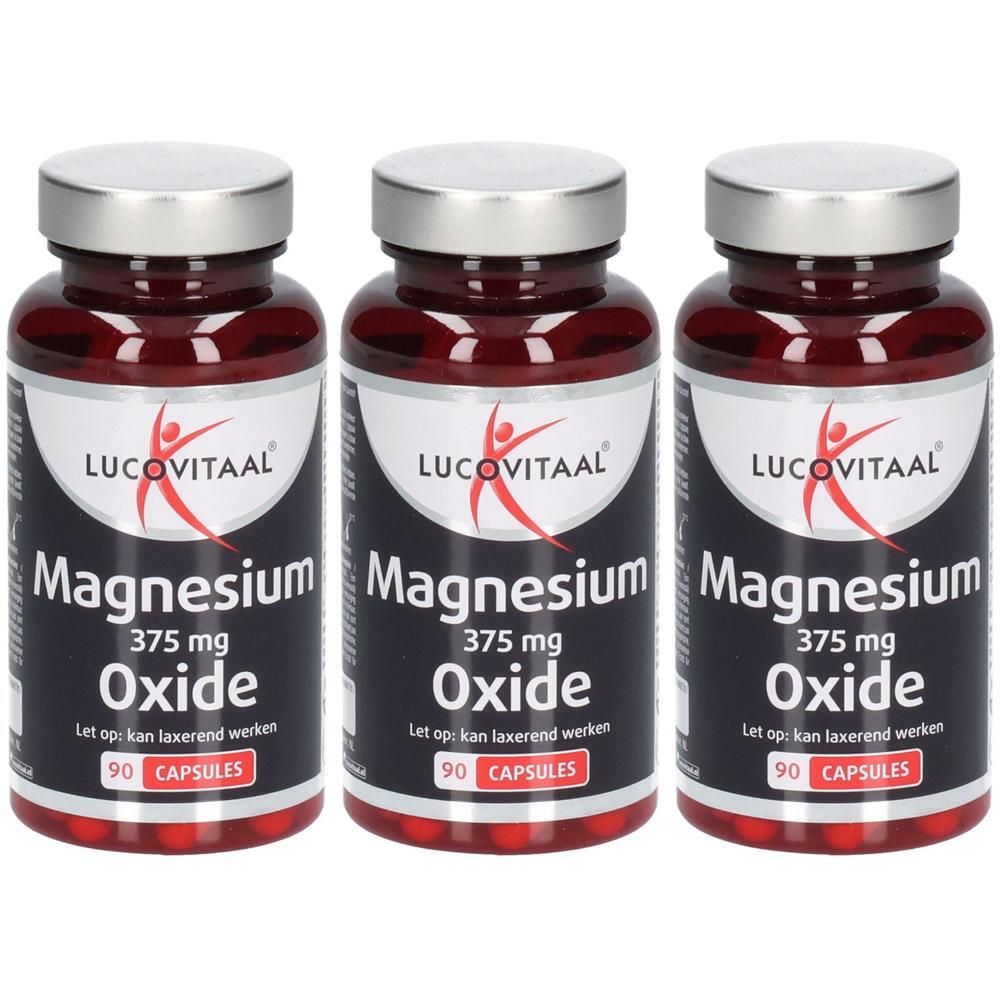 Trois flacons de capsules d'oxyde de magnésium Lucovitaal, 375 mg, 90 capsules par flacon.