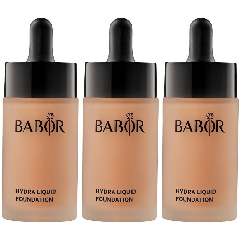 Drie Babor Hydra Liquid Foundation flacons in honingkleur met druppelaar.