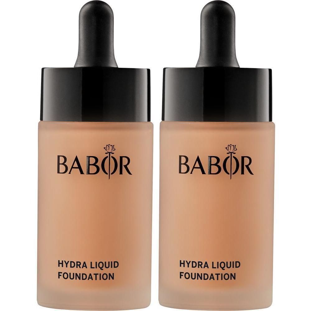 Twee Babor Hydra Liquid Foundation flesjes met druppeldop, lichte huidtint.