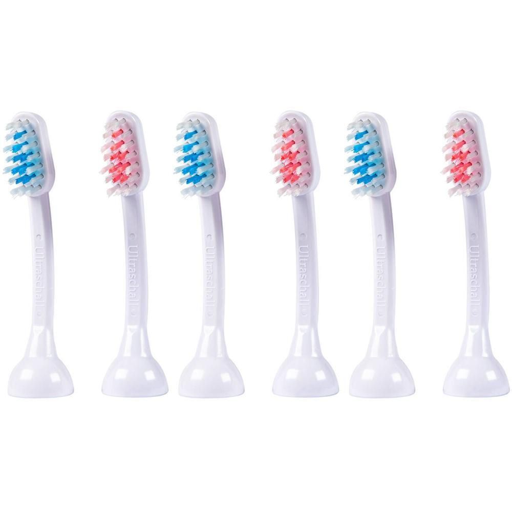 Six têtes de brosse à ultrasons blanches avec des poils bleus et rouges.
