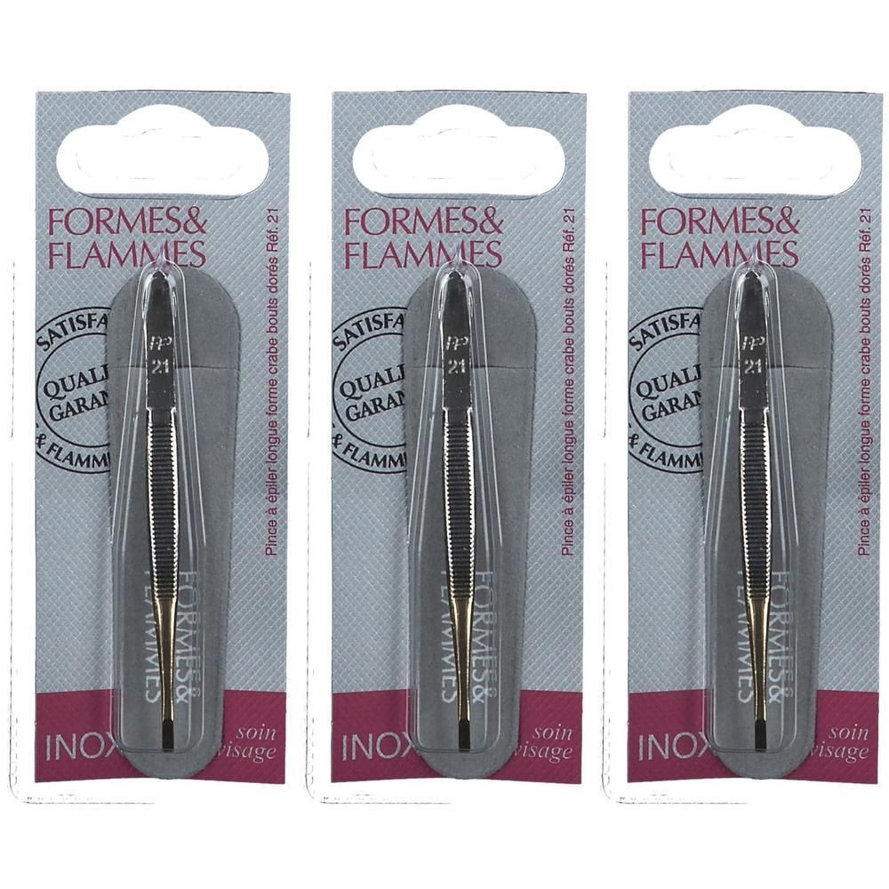 Trois paquets de pinces à épiler en inox à bout biseauté. Marque : Formes & Flammes.