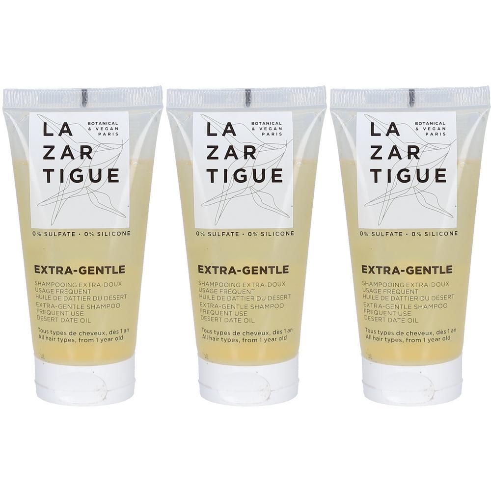Drie flacons Lazartigue Extra-Gentle shampoo, 0% sulfaat, 0% siliconen.