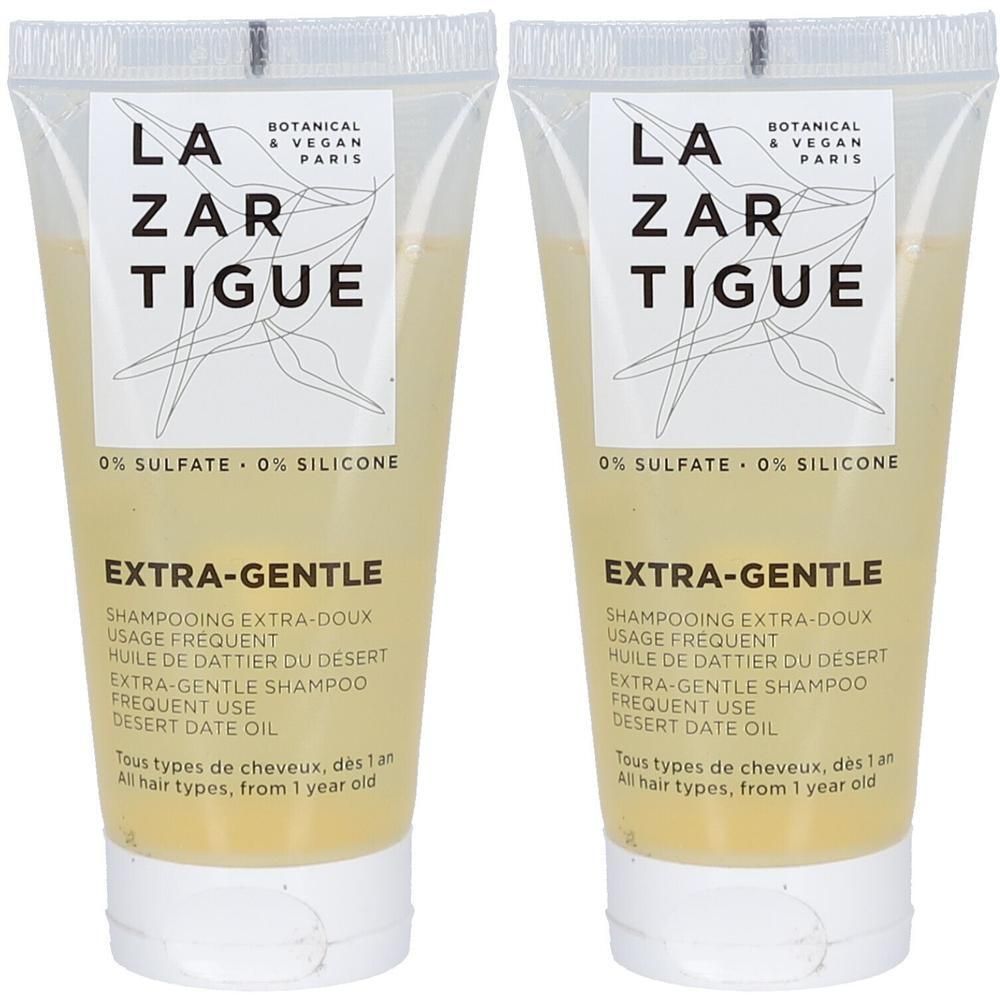 Twee flacons Lazartigue Extra-Zachte shampoo, 0% sulfaat, 0% siliconen, met woestijn dadelolie.
