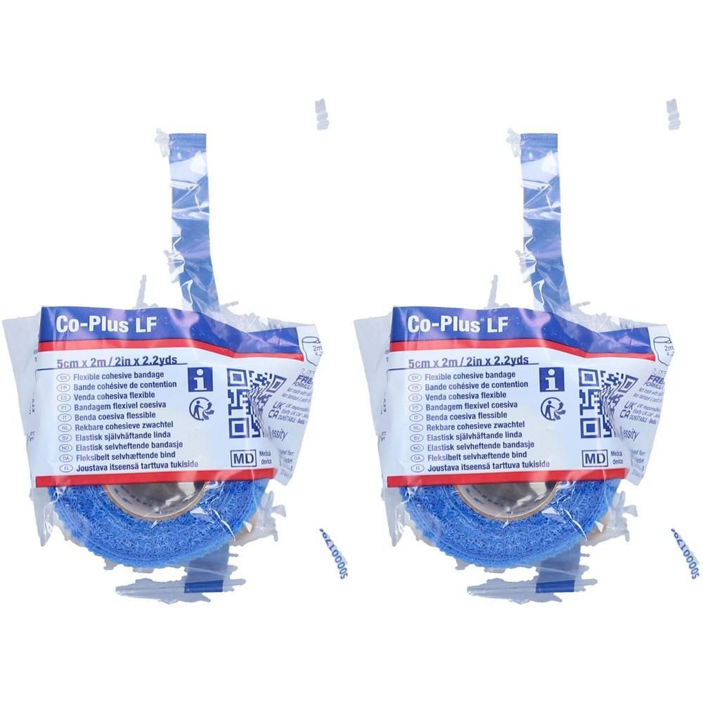 Deux rouleaux de bande cohésive souple bleue.