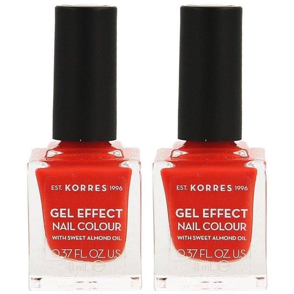 Twee flessen Korres Gel Effect Nagellak in Koraal met zwarte doppen. 0.37 Fl. Oz. US.