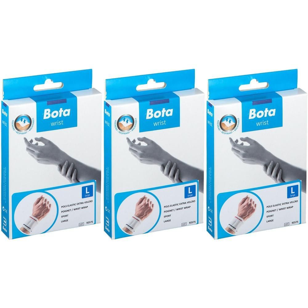 Drie verpakkingen Bota polsbandage, maat L, met klittenbandsluiting.