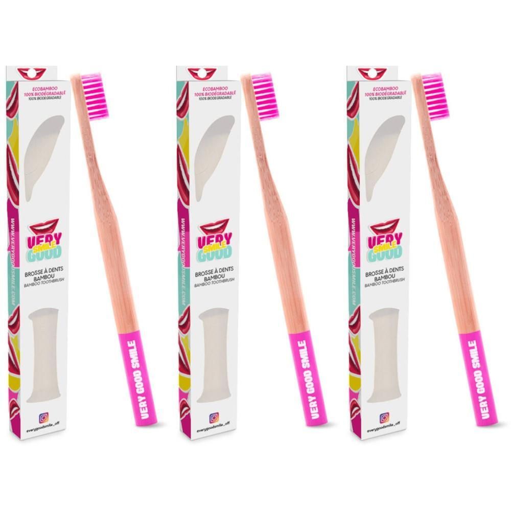 Drie bamboe tandenborstels met roze borstels en handvatten. Verpakt in dozen met logo.
