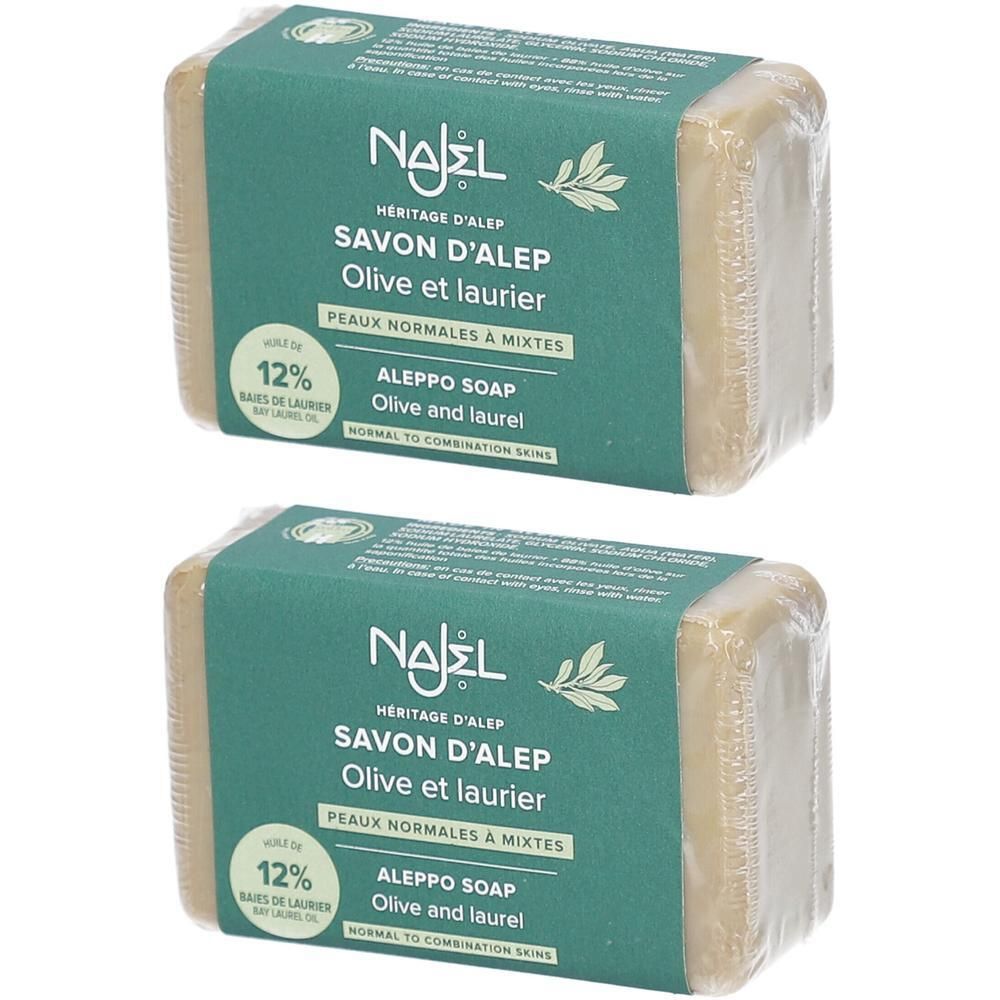 Deux savons d'Alep Najel à l'huile d'olive et de laurier, 12% d'huile de laurier.