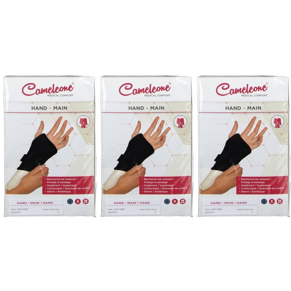 Trois paquets de supports de poignet noirs avec ouverture pour le pouce. Marque : Cameleone.