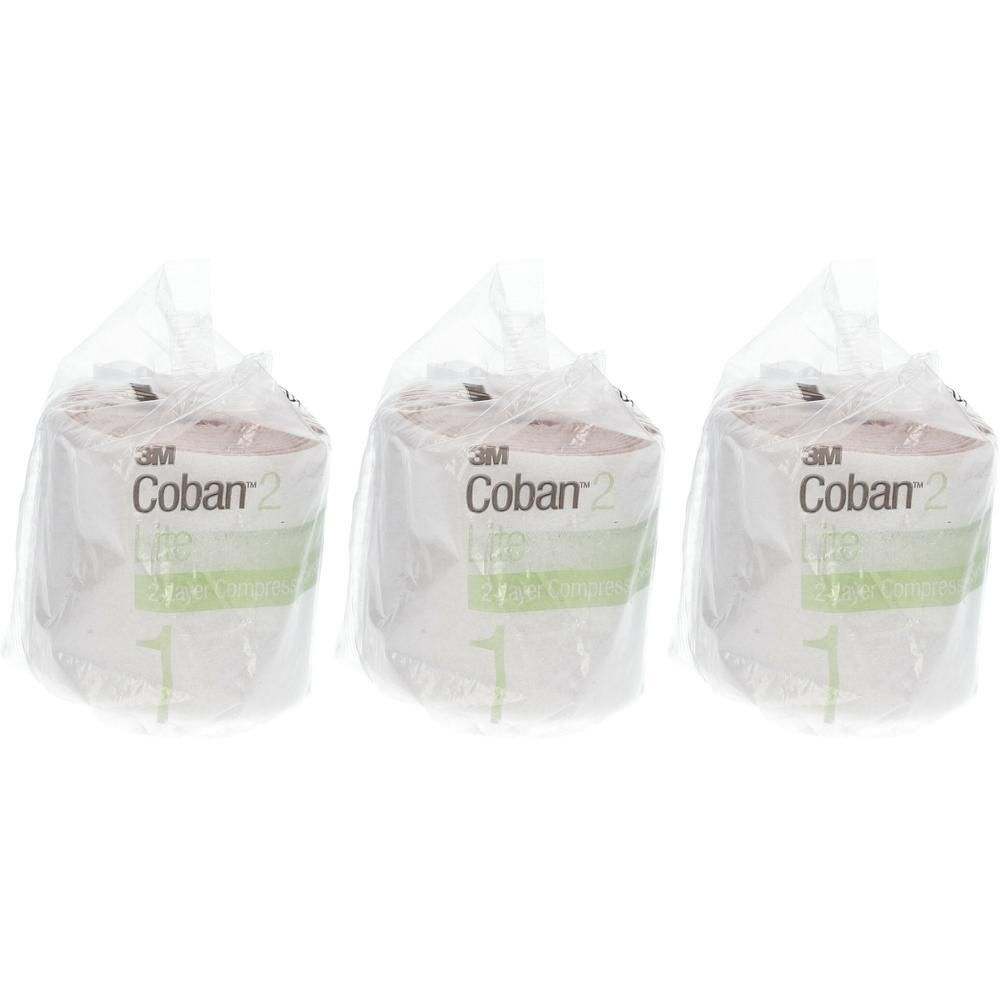 Trois rouleaux de bandage compressif 3M Coban 2, emballés individuellement.