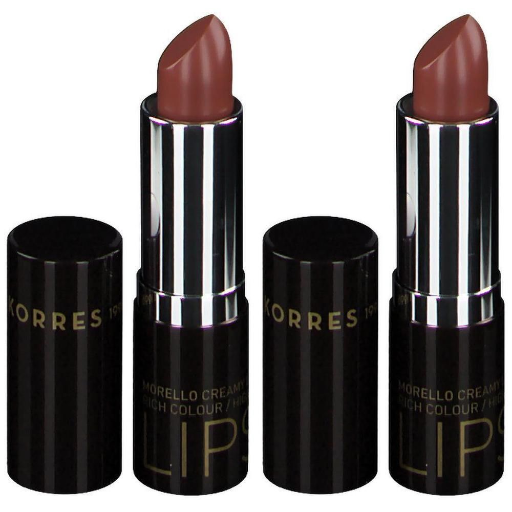 Twee Korres lippenstiften in bruinroze met zilveren en zwarte hulsjes.