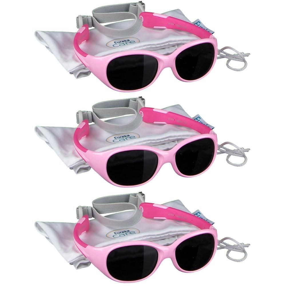 Trois paires de lunettes de soleil roses avec verres noirs et sangles réglables.