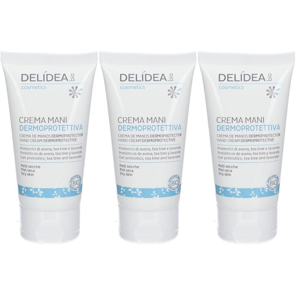 Drie tubes Delidea dermo-protectieve handcrème voor droge huid.