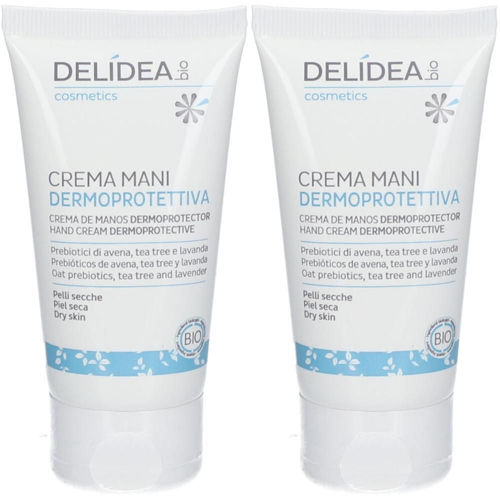 Deux tubes de crème mains Delidea pour peaux sèches. Avec label Bio.
