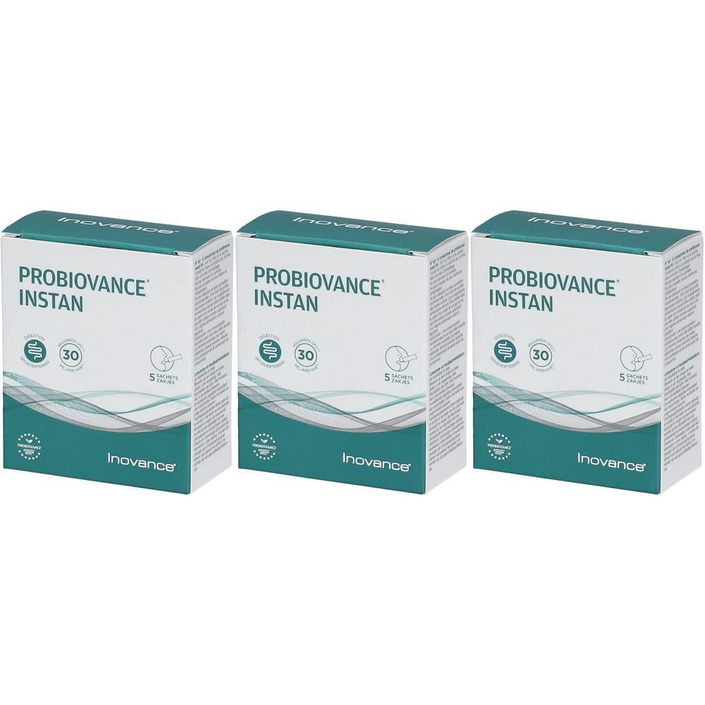 Drie dozen Probiovance Instant, elk met 30 tabletten. Inovance logo zichtbaar.