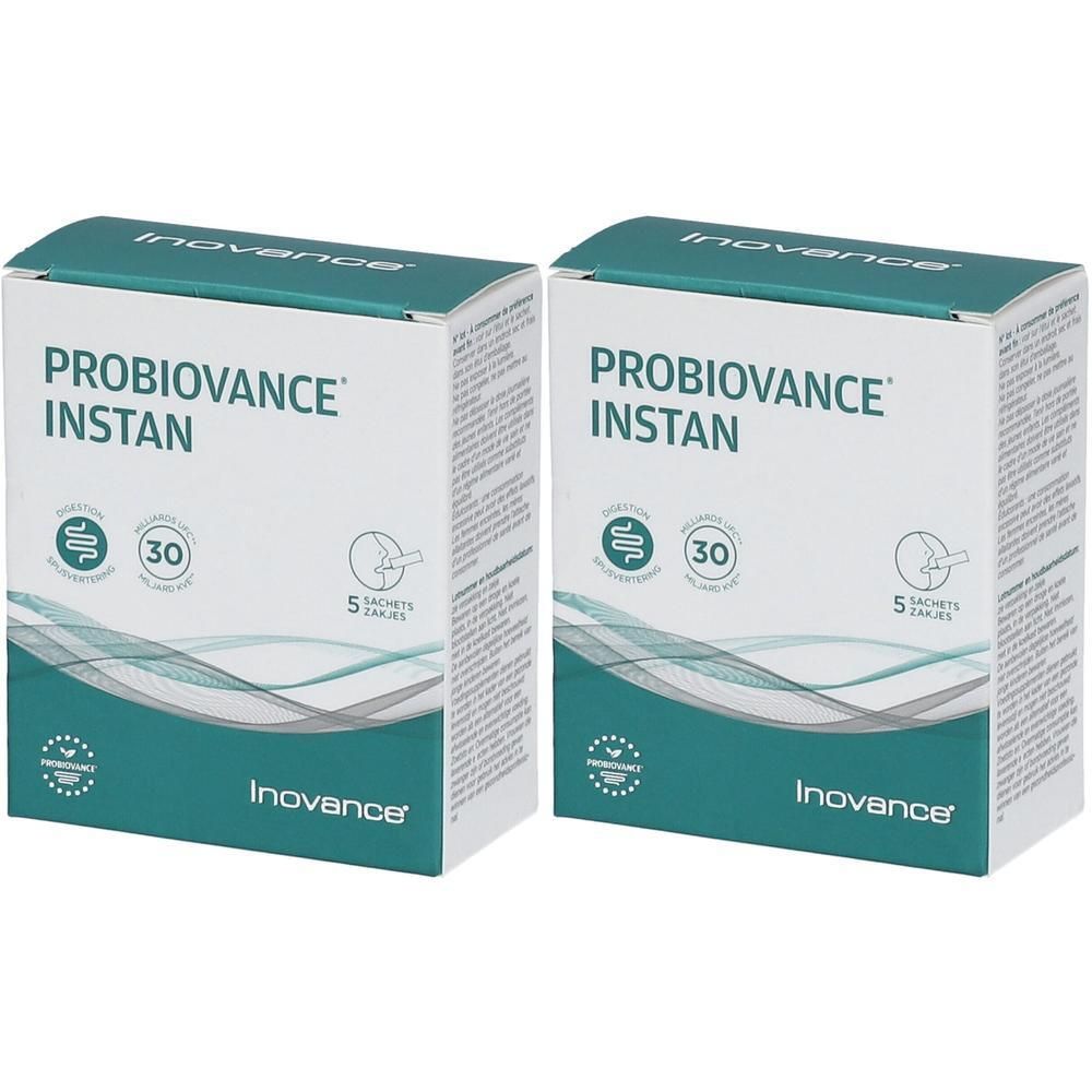 Twee dozen Inovance Probiovance Instant, elk met 30 sachets. Groene en witte verpakking met productnaam en logo.