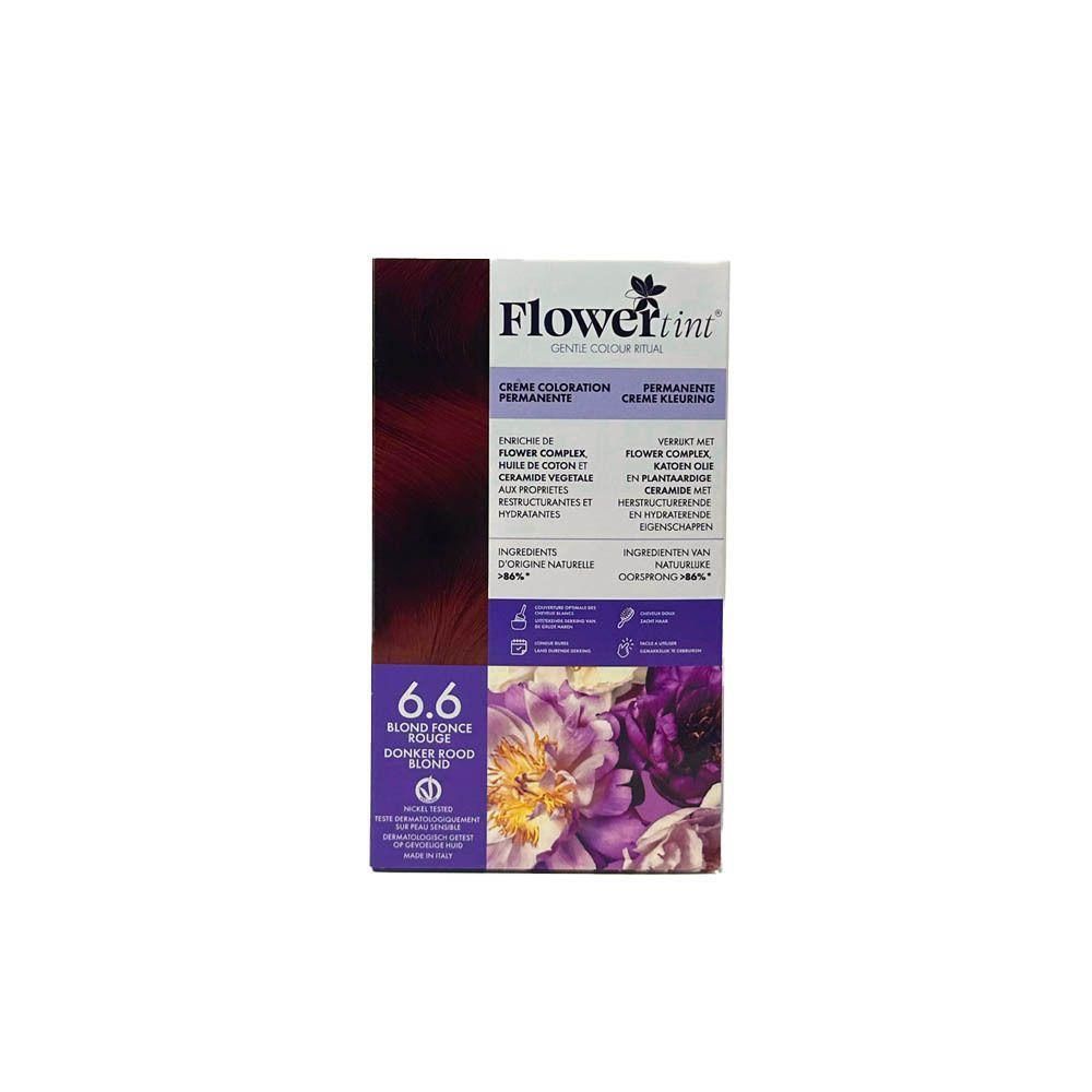 Boîte de coloration capillaire FlowerTint® 6.6 Blond Foncé Rouge avec motif floral.