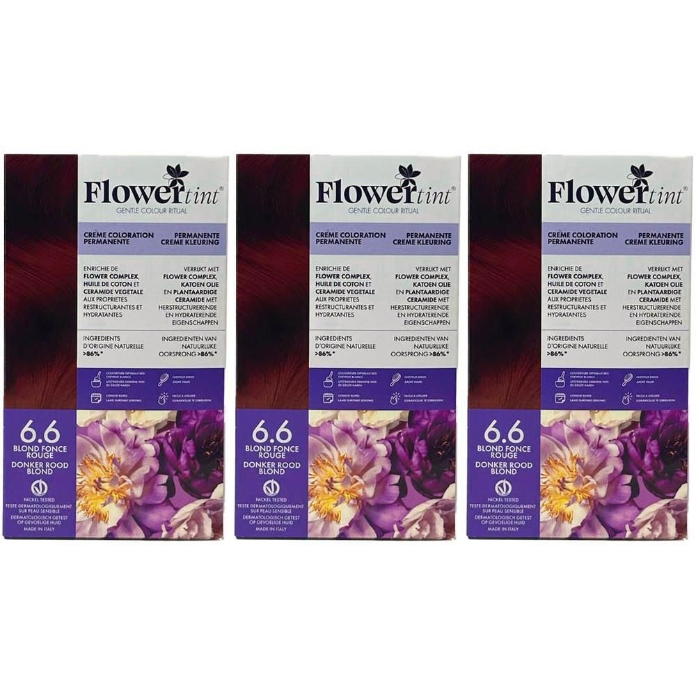 Drie pakken FlowerTint® haarkleur 6.6 Blond Foncé Rouge met bloemenmotief.