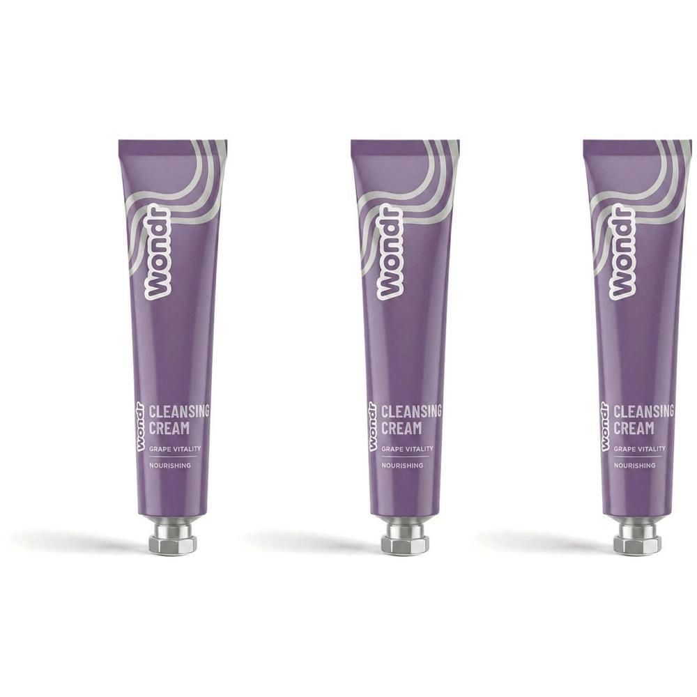 Drie paarse tubes WONDR Cleansing Cream Grape Vitality naast elkaar.