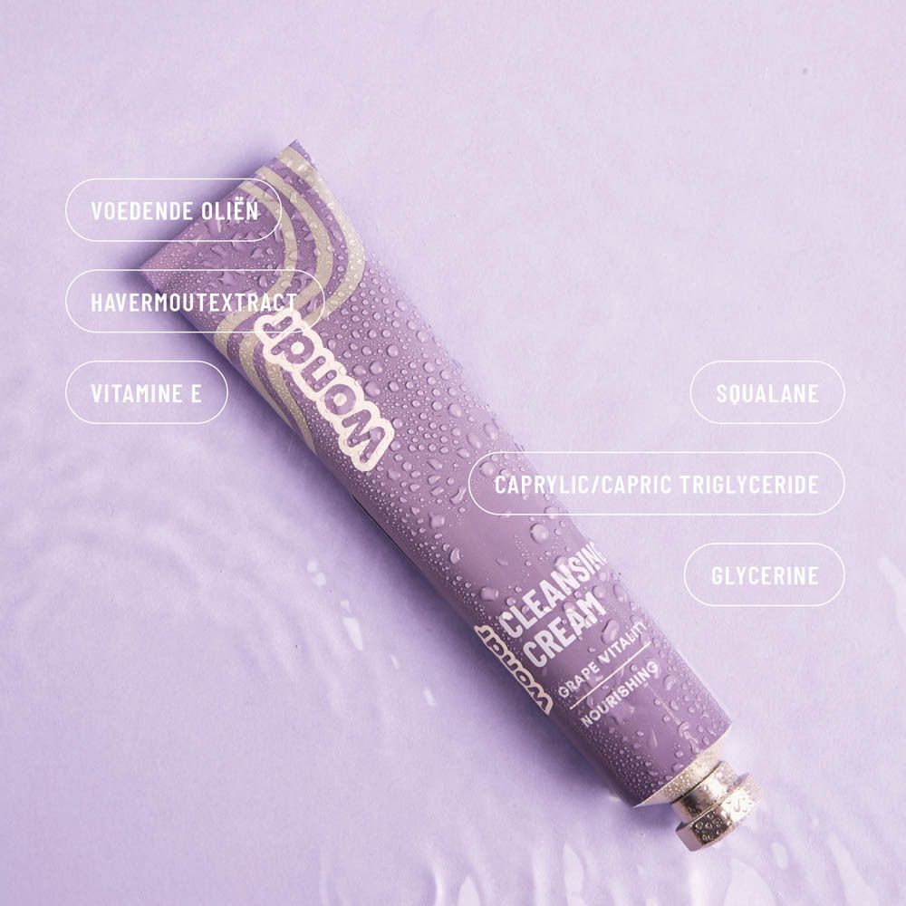 Paarse tube WONDR Cleansing Cream Grape Vitality met waterdruppels en ingrediëntenlabels.