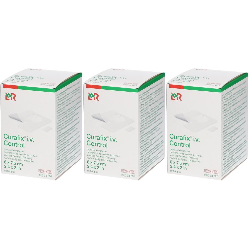 Drie pakken Curafix i.v. Control verband, 6x7,5cm.