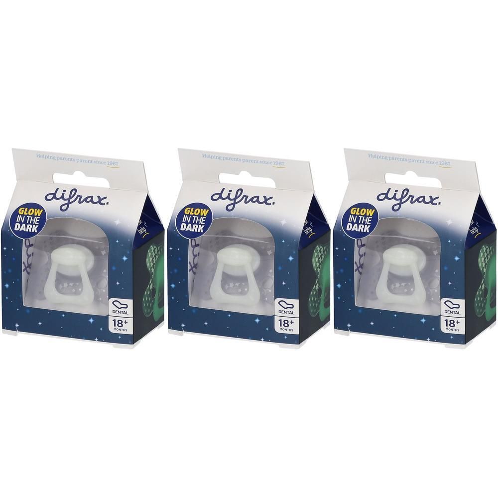 Drie Difrax® Glow In The Dark fopspenen, 18+ maanden, dental.