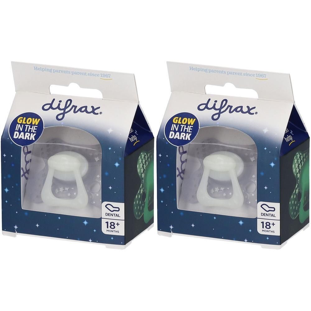 Deux sucettes Difrax® Glow In The Dark pour 18+ mois, dentales, en boîte.