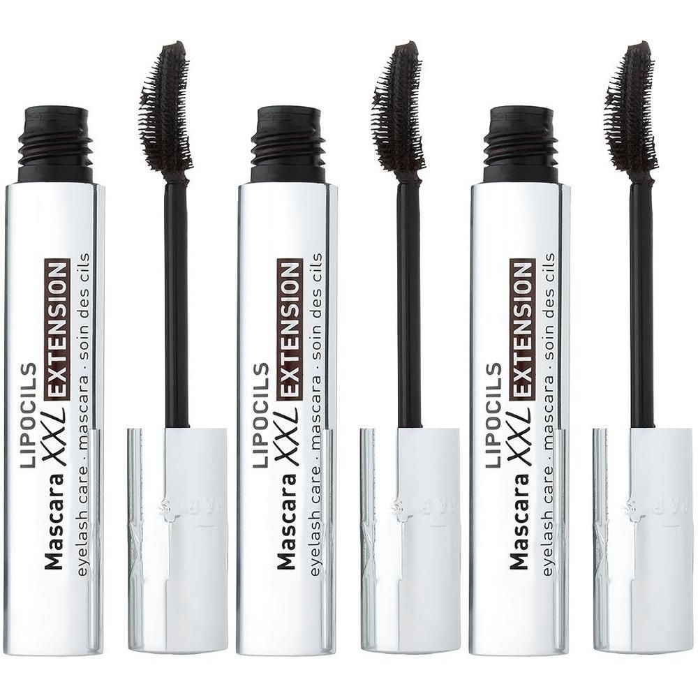 Quatre tubes de mascara argentés avec brosses noires, indiquant "LIPOCILS MASCARA XXL EXTENSION".