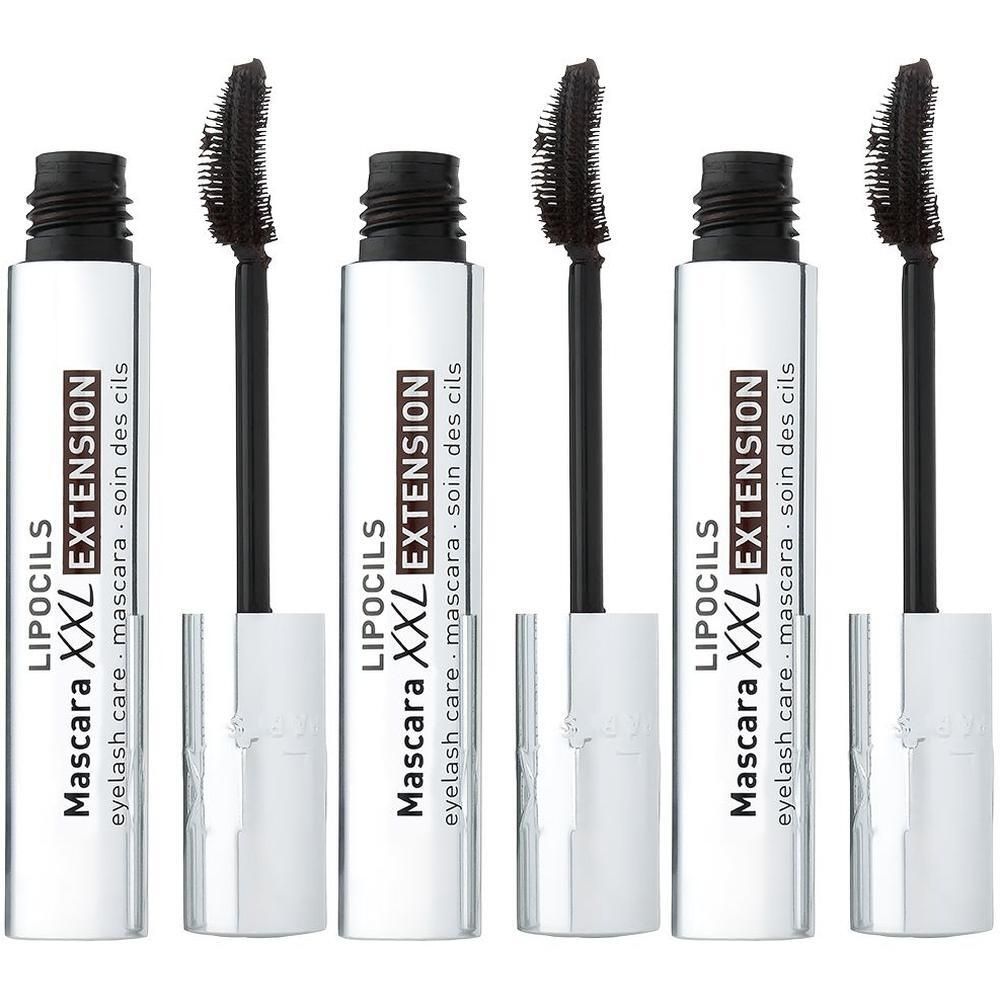 Vier zilveren mascara tubes met zwarte borstels, met "LIPOCILS MASCARA XXL EXTENSION" erop.