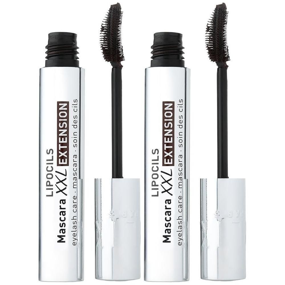 Deux flacons de mascara argentés avec brosses noires, étiquetés 'LIPOCILS MASCARA XXL EXTENSION'.