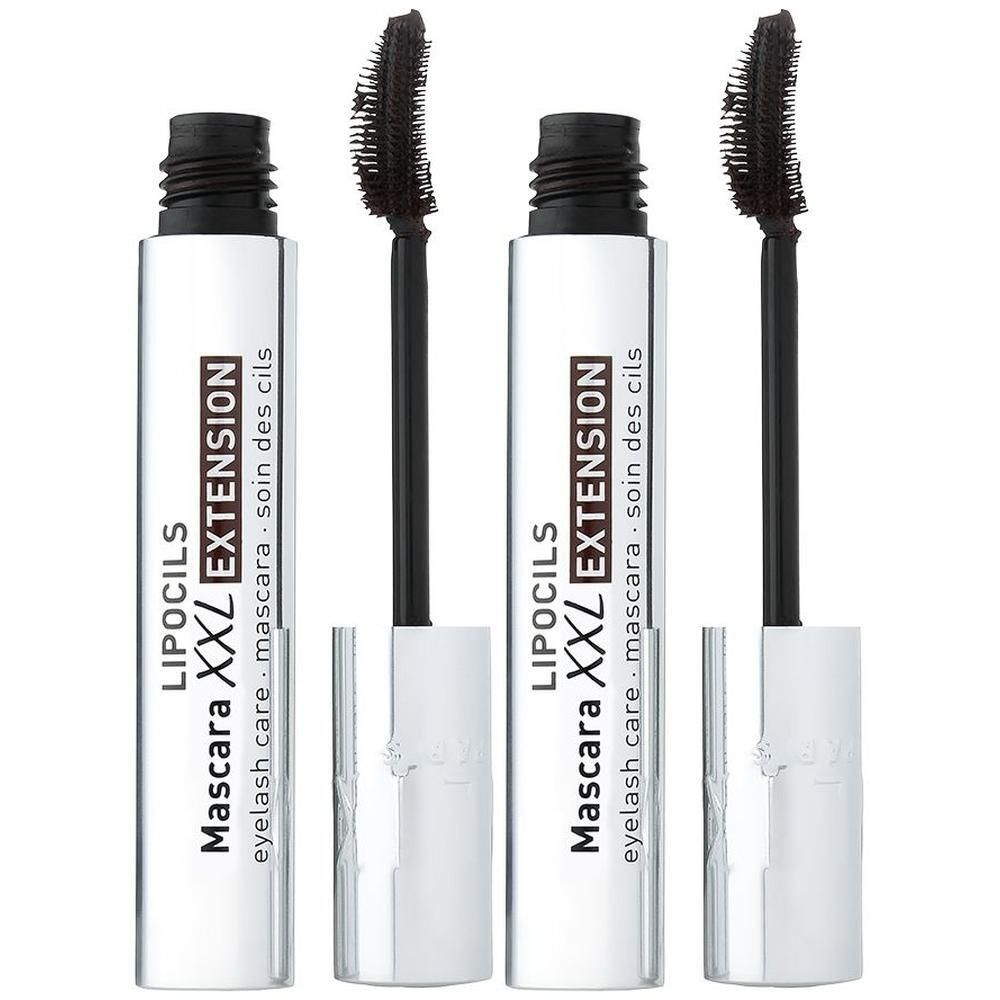 Twee zilverkleurige mascaraflacons met zwarte borstels, gelabeld 'LIPOCILS MASCARA XXL EXTENSION'.