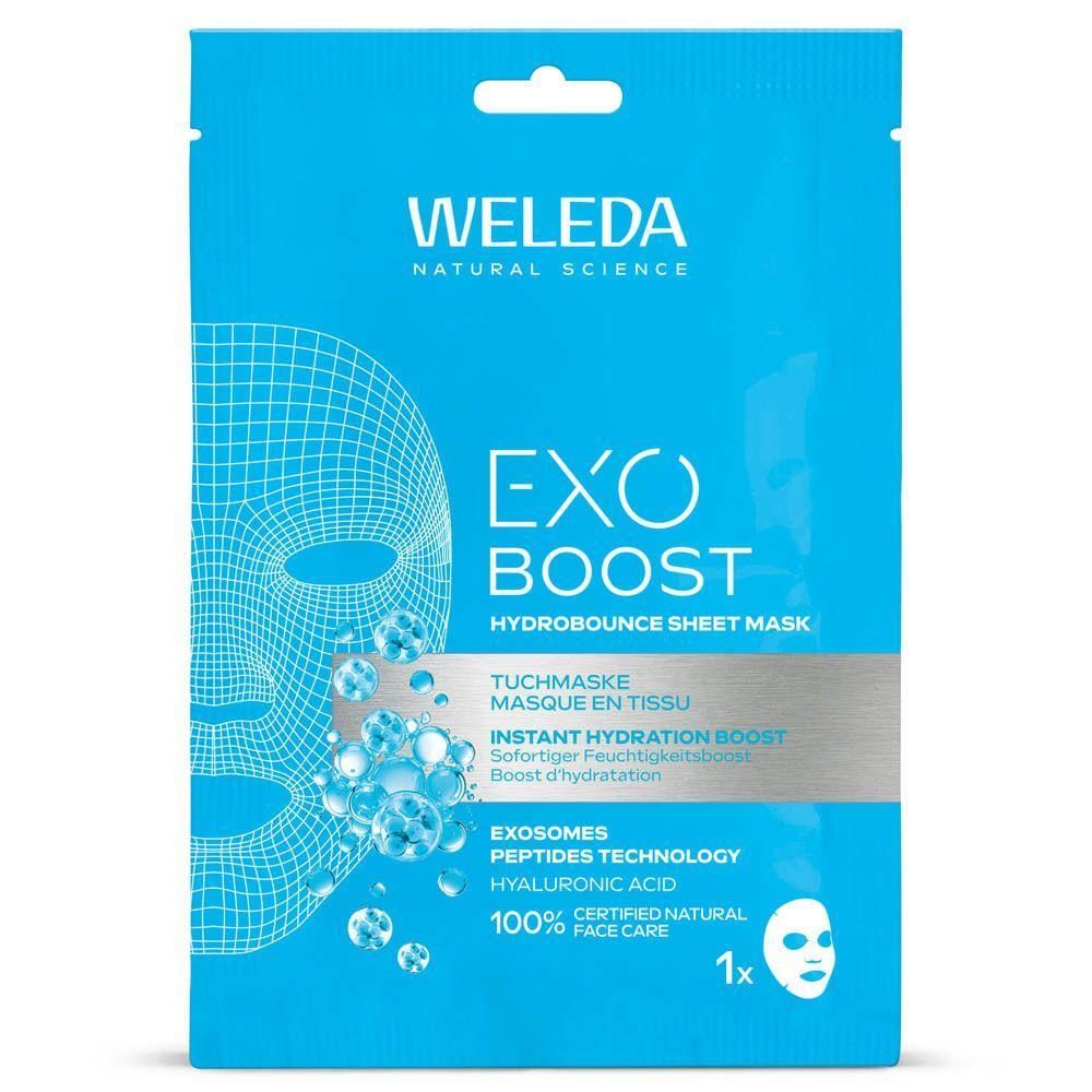 Masque en tissu Weleda Exo Boost Hydrobounce, 1x masque facial. Contient des exosmes, des peptides et de l'acide hyaluronique.
