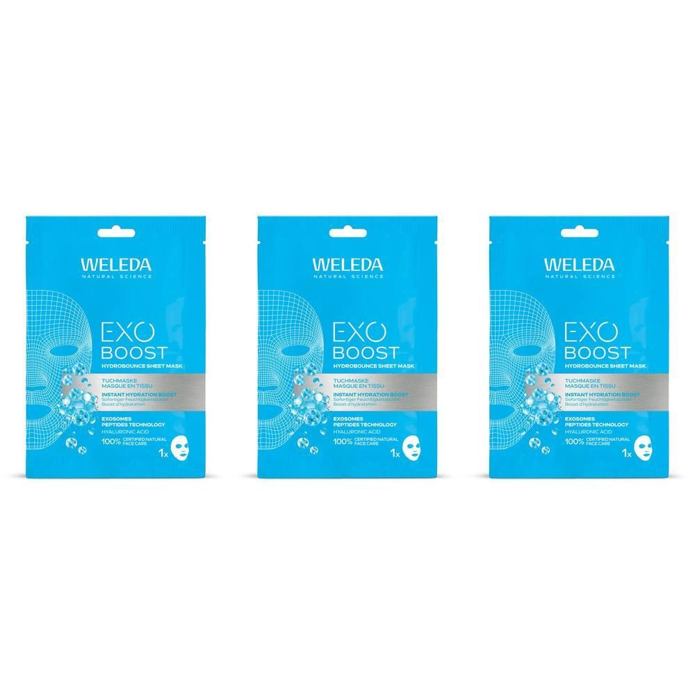 Trois masques en tissu Weleda Exo Boost Hydrogel dans des emballages bleus avec des motifs de visage et de bulles.