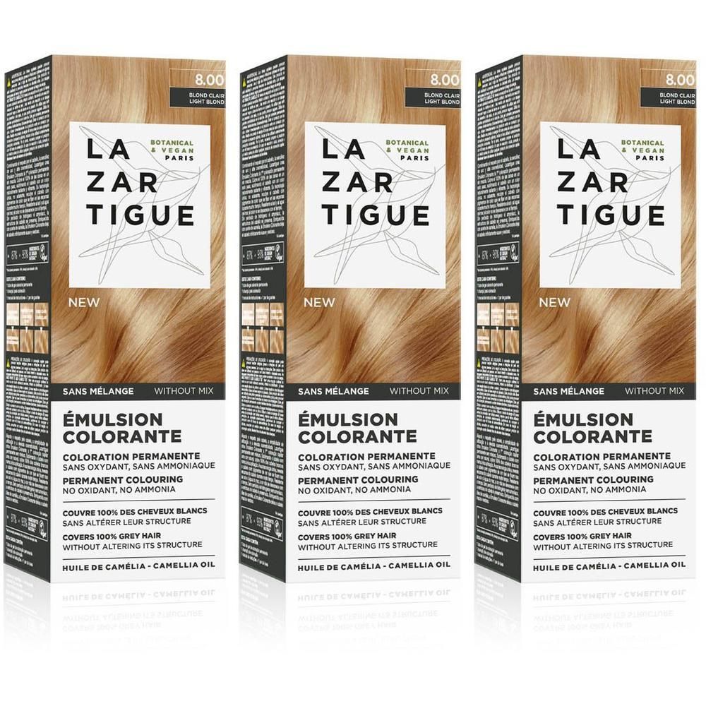 Trois boîtes de coloration permanente LAZARTIGUE Blond Clair. Sans oxydant, sans ammoniaque.