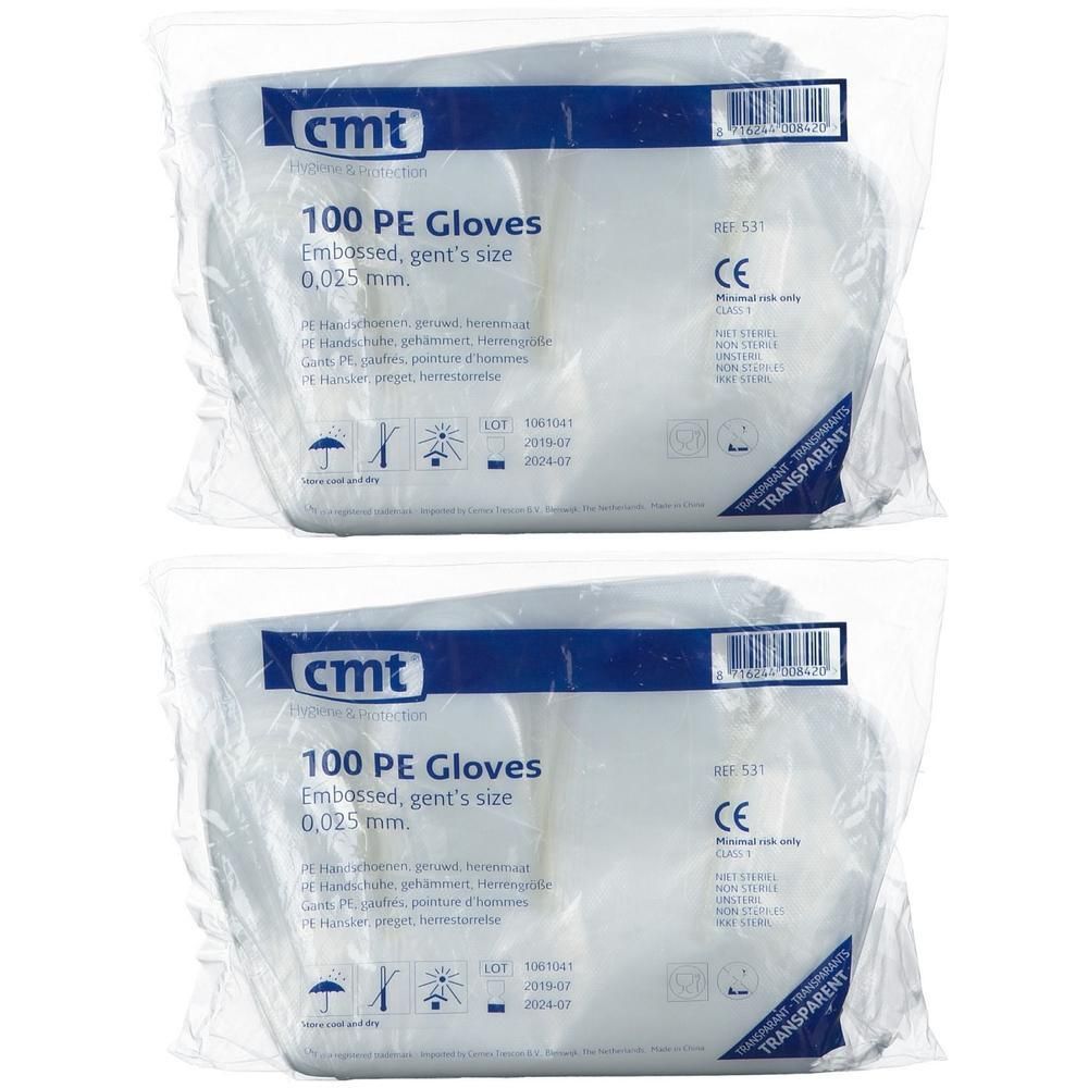 Deux paquets de 100 gants en PE transparents, gaufrés, taille M.