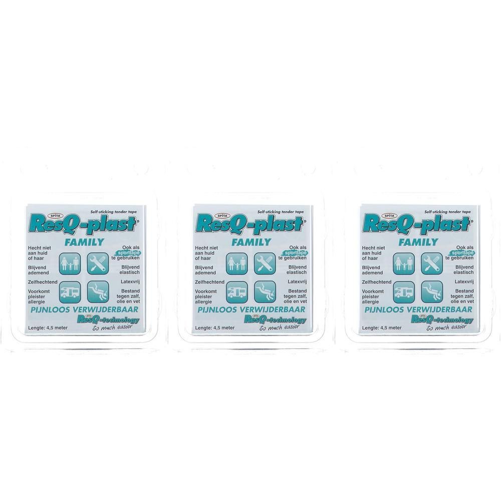 Trois paquets de ruban adhésif ResQ-plast Family. Chaque paquet contient 60 pièces.