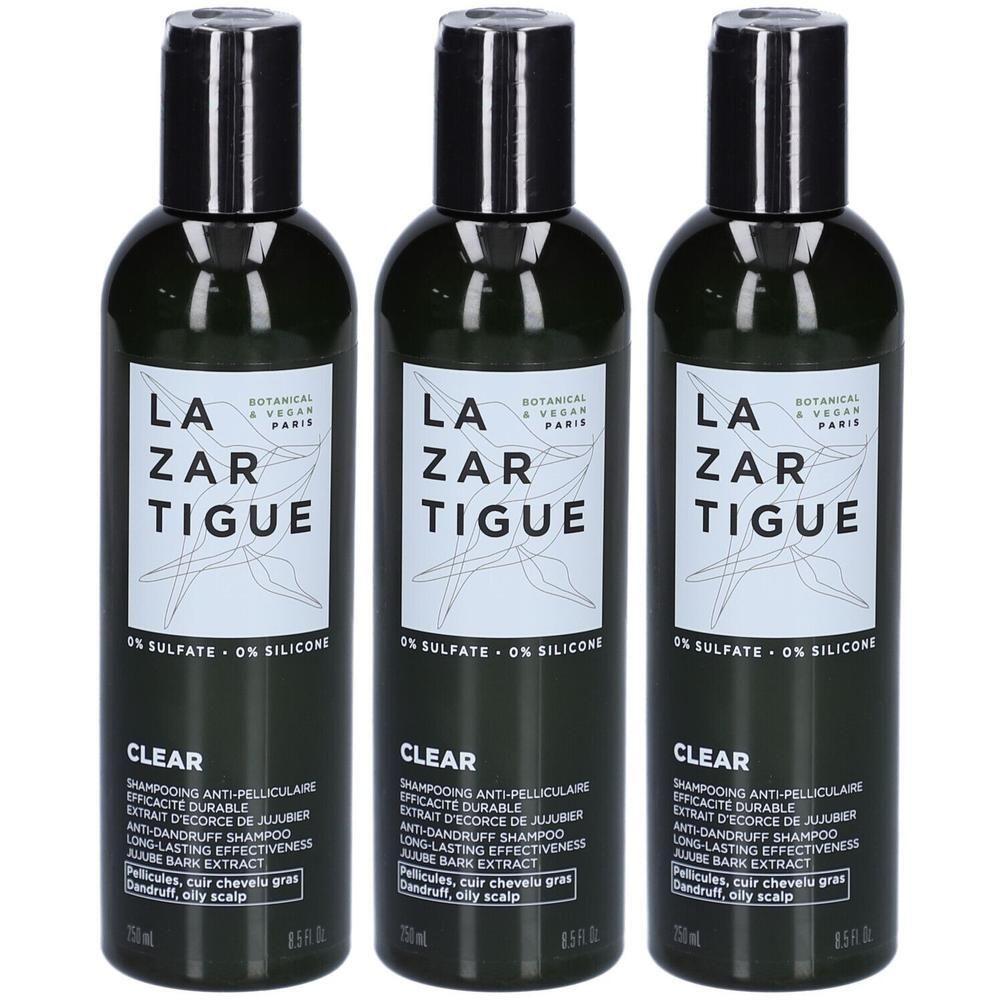 Trois flacons de shampooing antipelliculaire Lazartigue pour cheveux gras. 0% sulfate, 0% silicone.