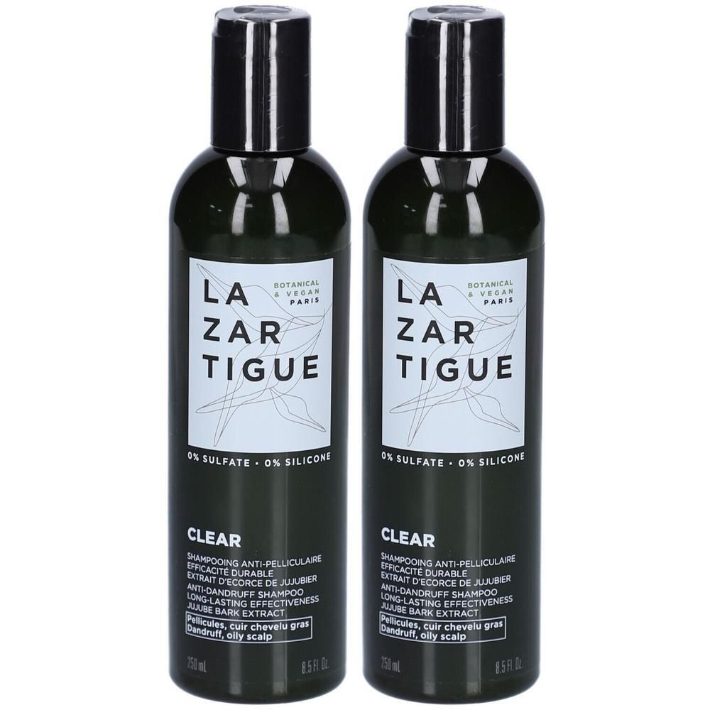 Deux flacons de shampooing antipelliculaire Lazartigue pour cheveux gras, 150 ml.