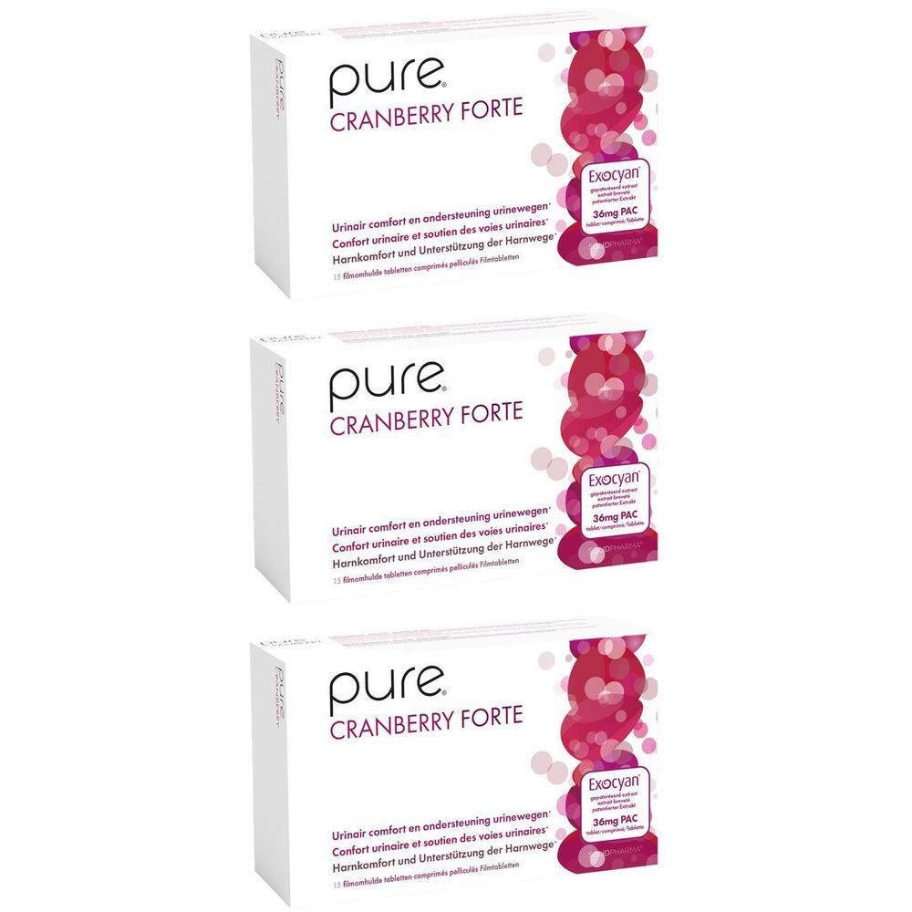 Trois paquets de Pure Cranberry Forte avec motif canneberge et Exocyan 36mg PAC.
