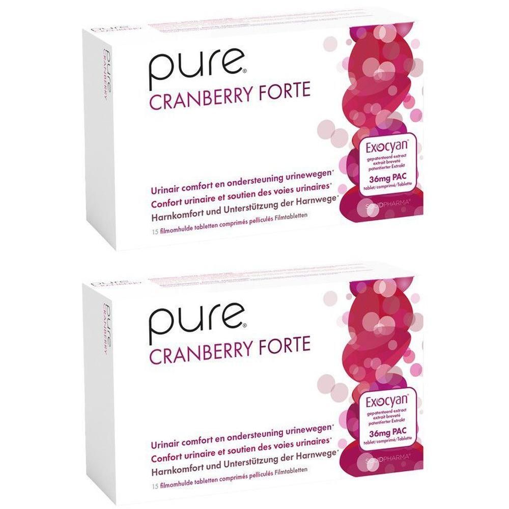Twee pakken Pure Cranberry Forte met 36mg PAC per tablet.