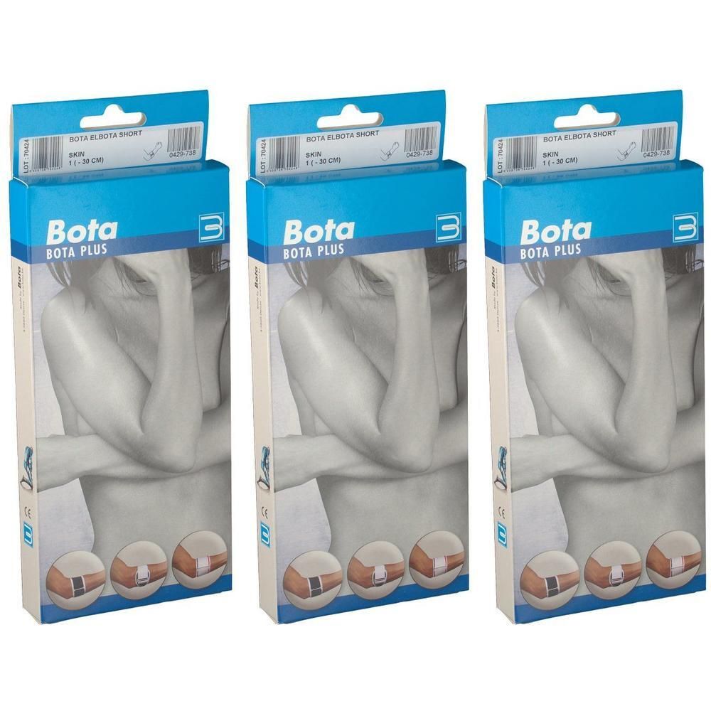 Trois paquets de Bota Plus coudière couleur chair. L'emballage montre une femme avec une douleur au bras.