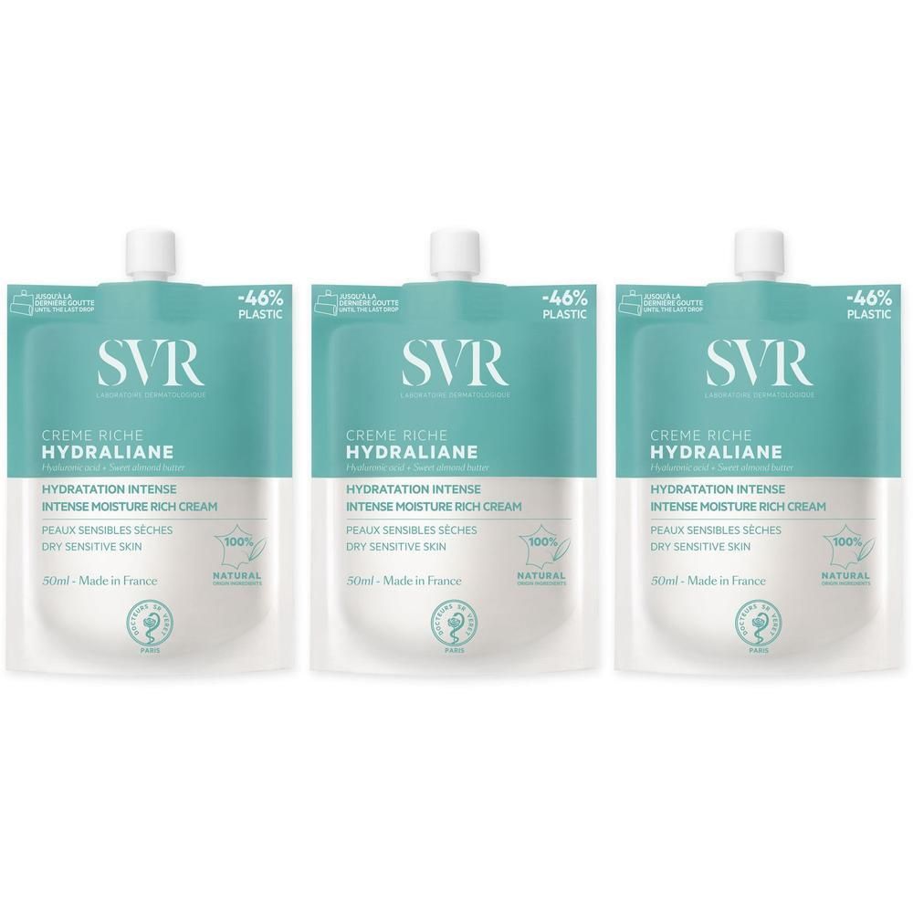 Drie SVR Hydraliane Crème Riche vochtinbrengende crèmepackets.