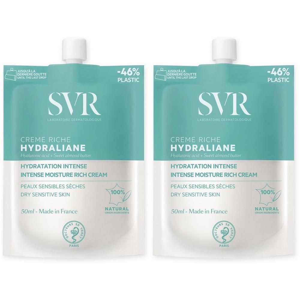 Deux sachets SVR Hydraliane Crème Riche de 50ml, fabriqués en France.