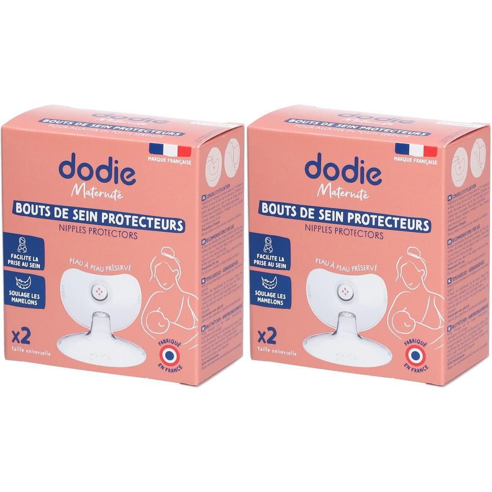 Twee pakken Dodie siliconen tepelhoedjes. Elke verpakking bevat 2 stuks.