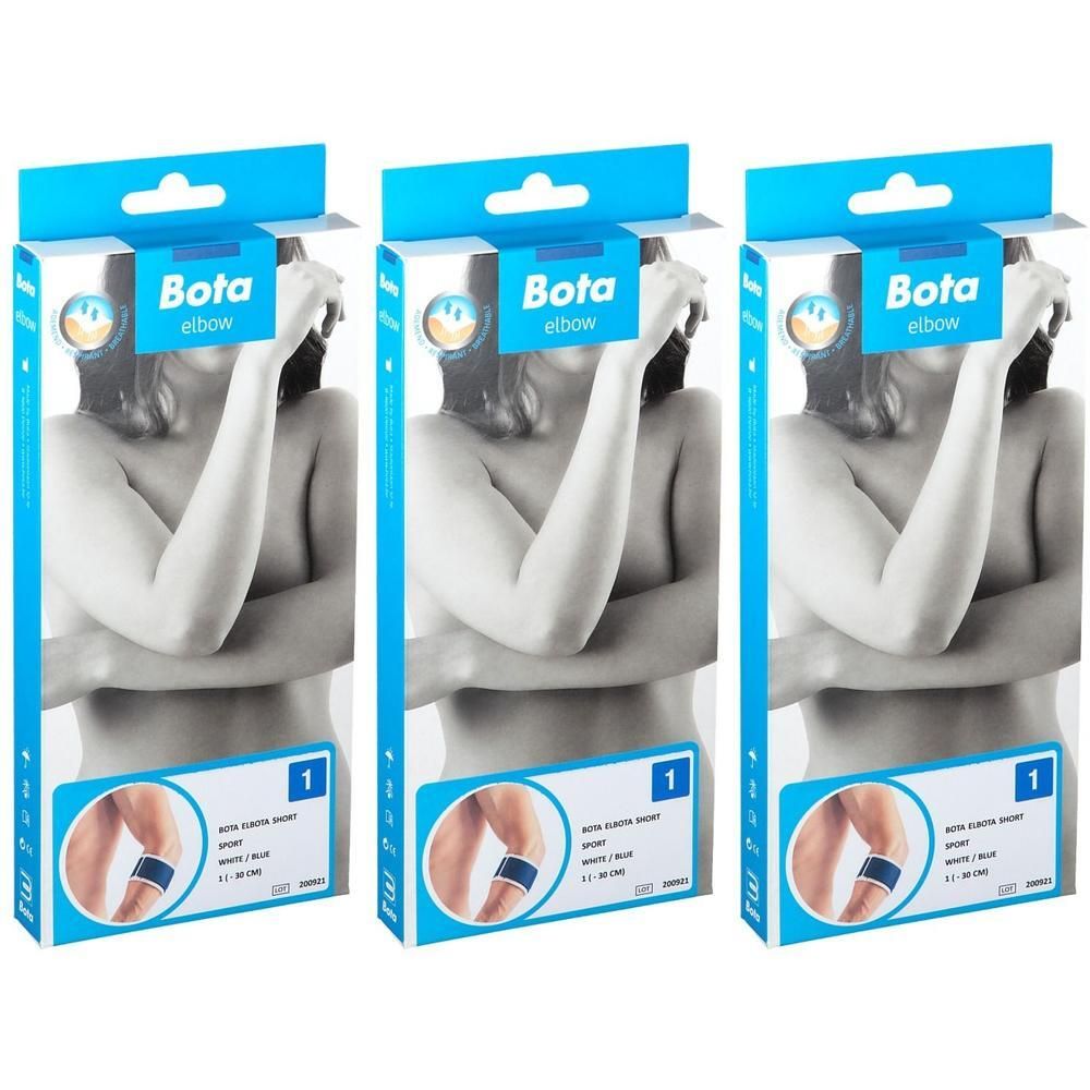 Trois paquets de Bota El Elbow Short Sport, bandages blanc/bleu.